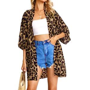 Shein Womens Size XS Open Front Leopard Chiffon Kimono Animal Print 3/4 Sleeve